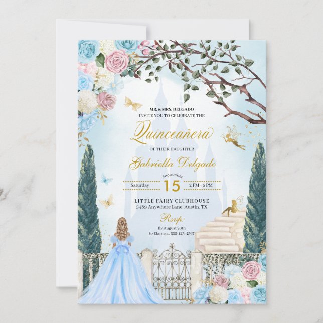 Invitación Cenicienta azul y rosa Jardín mágico Quinceanera (Anverso)