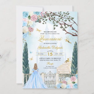 Invitación Cenicienta azul y rosa Jardín mágico Quinceanera
