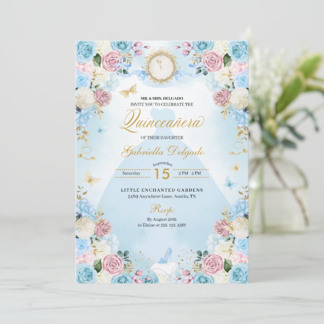 Invitación Cenicienta azul y rosa princesa vestida Quinceaner (Anverso de pie)