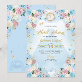 Invitación Cenicienta azul y rosa princesa vestido dulce 16