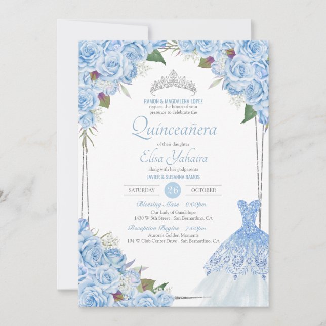 Invitación Cenicienta Bebé Azul Glamoroso Quinceanera (Anverso)