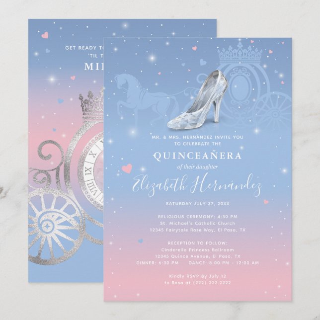 Invitación Cenicienta Clara Azul y Quinceanera Rosa (Anverso / Reverso)