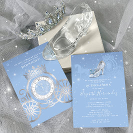 Invitación Cenicienta de plata azul para bebé Quinceanera