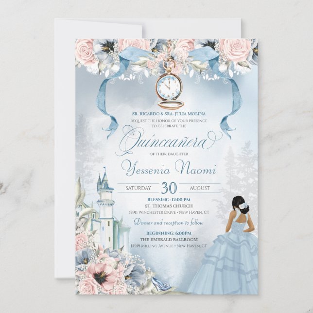 Invitación Cenicienta Fairy Tale Blue Pink Floral Quinceanera (Anverso)