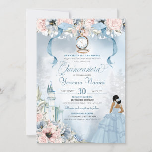 Invitación Cenicienta Fairy Tale Blue Pink Floral Quinceanera