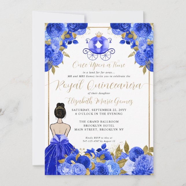 Invitación Cenicienta floral Princesa Real Azul Quinceanera (Anverso)