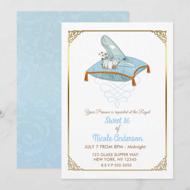 Invitación Cenicienta Glass Slipper Elegant Sweet 16 Fiesta (Anverso / Reverso)