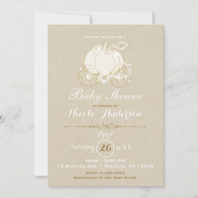 Invitación Cenicienta Gold Carriage Kraft Baby Shower moderno (Anverso)