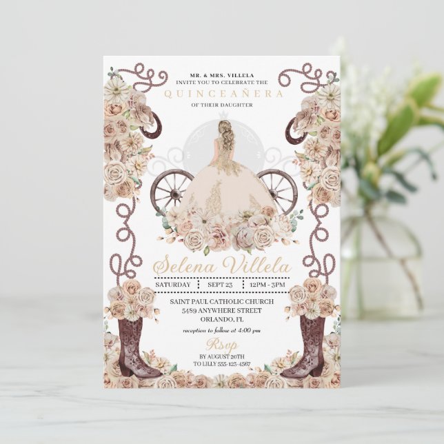 Invitación Cenicienta Occidental Gold Carriage Quinceañera (Anverso de pie)