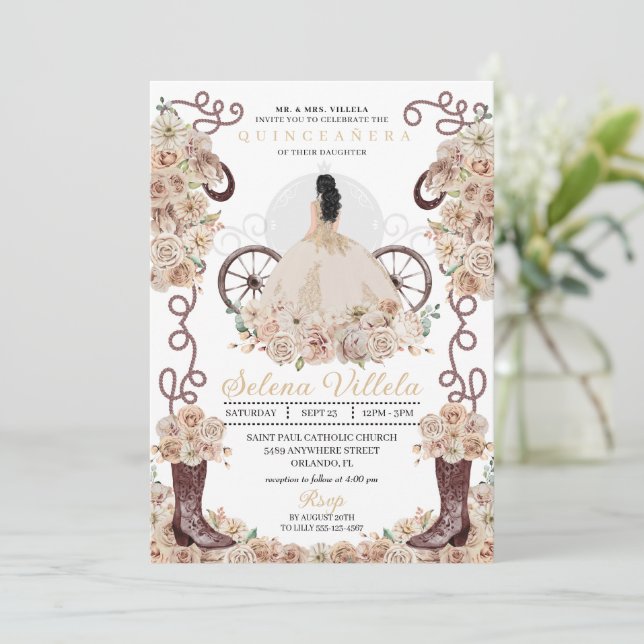 Invitación Cenicienta Occidental Gold Carriage Quinceañera (Anverso de pie)
