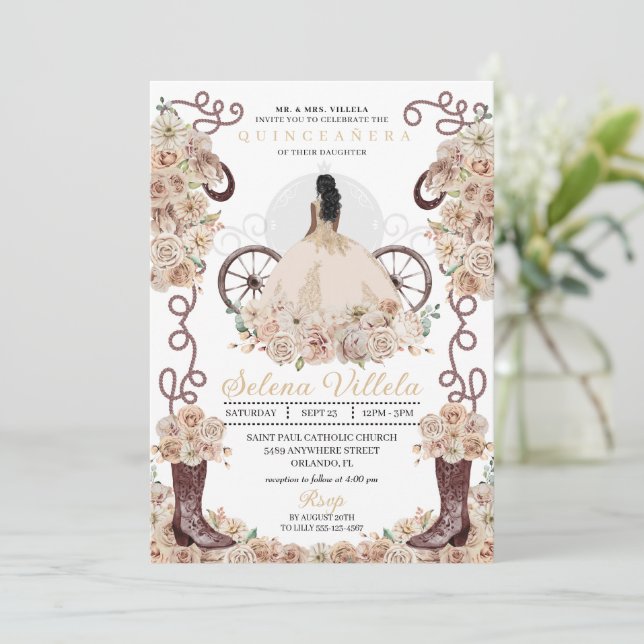 Invitación Cenicienta Occidental Gold Carriage Quinceañera (Anverso de pie)