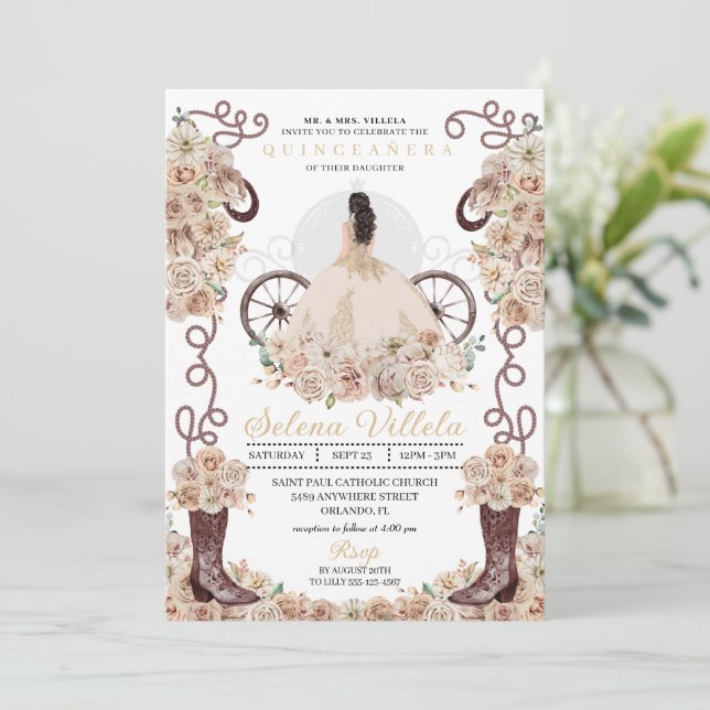 Invitación Cenicienta Occidental Gold Carriage Quinceañera (Anverso de pie)