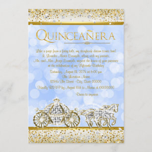 Invitación Cenicienta Princesa Quinceañera Azul Dorado
