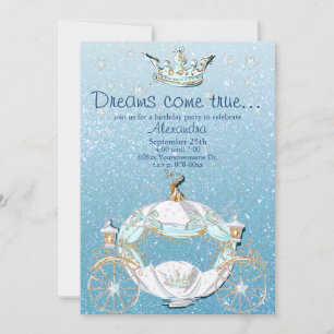 Invitación Cenicienta Purpurina de hadas de cuento azul y oro