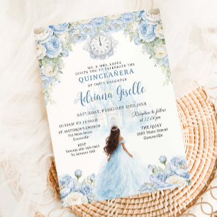 Invitación Cenicienta Quinceañera de 15 años azul bebé con fl