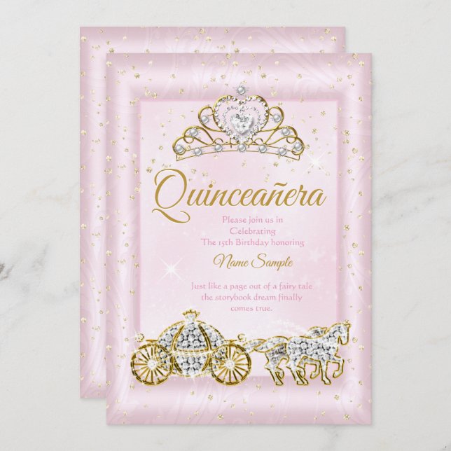 Invitación Cenicienta Quinceanera Rubor Carrito Rosa (Anverso / Reverso)