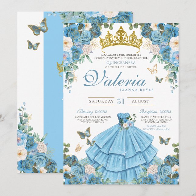 Invitación Cenicienta Rosa azul mariposa Princesa Cumpleaños (Anverso / Reverso)