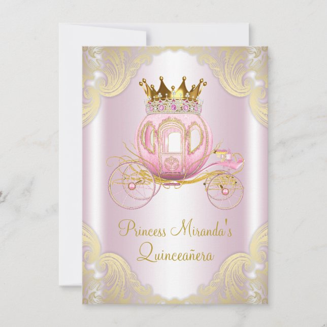 Invitación Cenicienta Rosa Oro Princesa Quinceañera (Anverso)