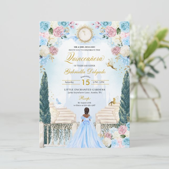 Invitación Cenicienta rosa y azul Princesa Hada Quinceanera (Anverso de pie)