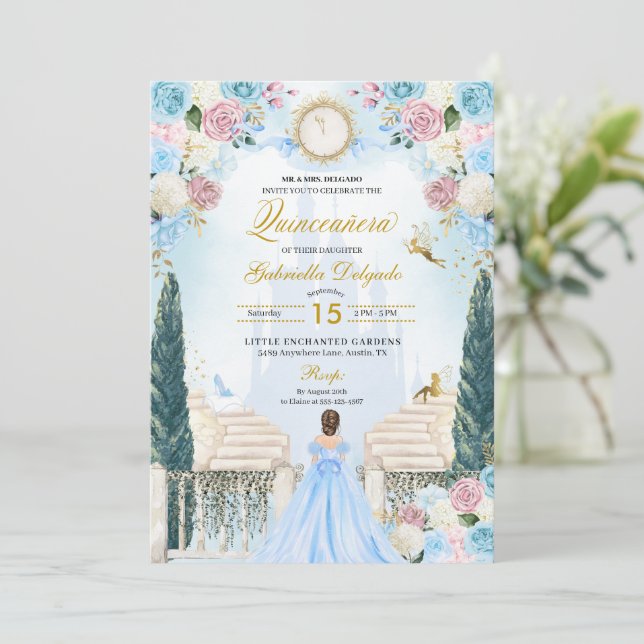 Invitación Cenicienta rosa y azul Princesa Hada Quinceanera (Anverso de pie)