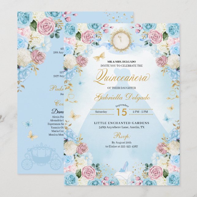 Invitación Cenicienta rosa y azul princesa vestida Quinceaner (Anverso / Reverso)