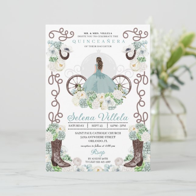 Invitación Cenicienta Verde Carriage Quinceañera Occidental (Anverso de pie)