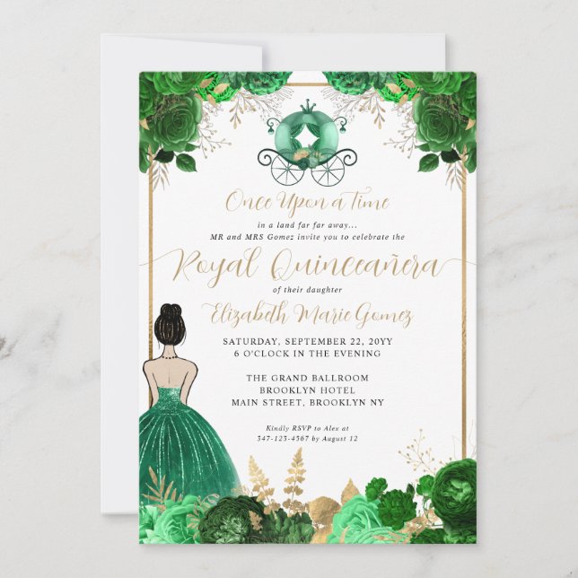 Invitación Cenicienta verde esmeralda floral Real Quinceanera (Anverso)