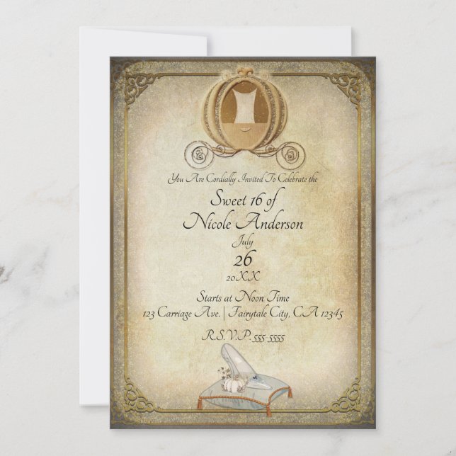 Invitación Cenicienta Vintage Carriage & Slipper Sweet 16 (Anverso)