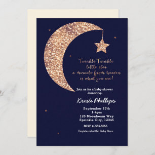 Invitación Centelleo poca luna de bronce azul Baby Shower de