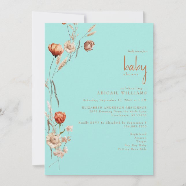 Invitación Centro Botánico Turquesa Baby Shower (Anverso)