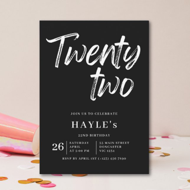Invitación Cepillo moderno simple negro y blanco 22 cumpleaño (Subido por el creador)