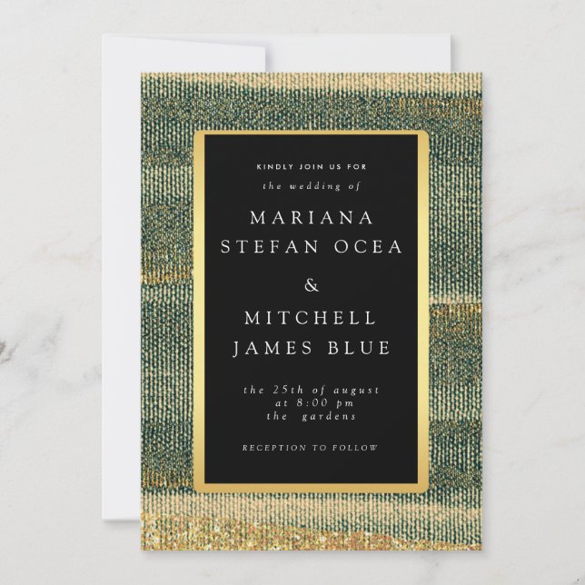 Invitación Cepillo verde elegante con oro y negro (Anverso)