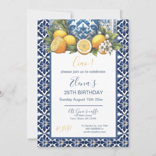 Invitación Cerámica Amalfi blanca y azul Vase Lemons Italia (Anverso)
