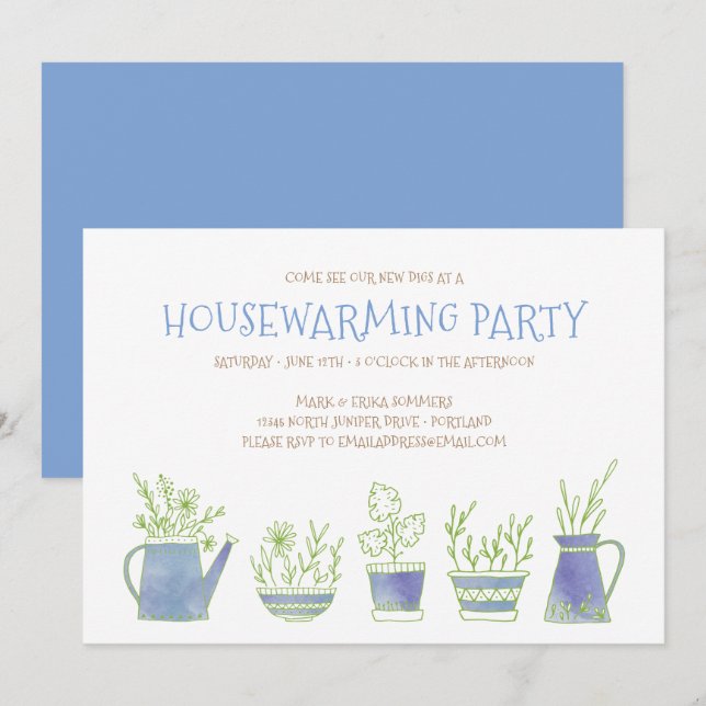 Invitación Cerámica y plantas Fiesta azul calentador de la ca (Anverso / Reverso)
