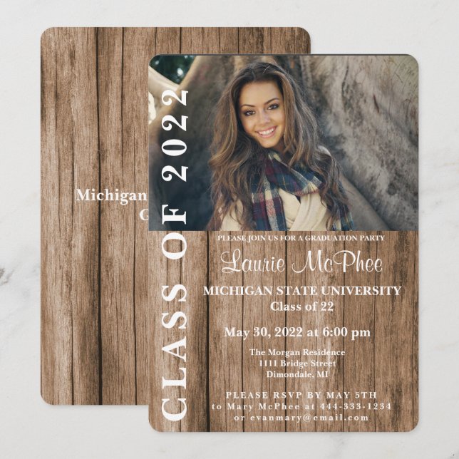 Invitación Cerca de Madera Foto Personalizada Graduado (Anverso / Reverso)
