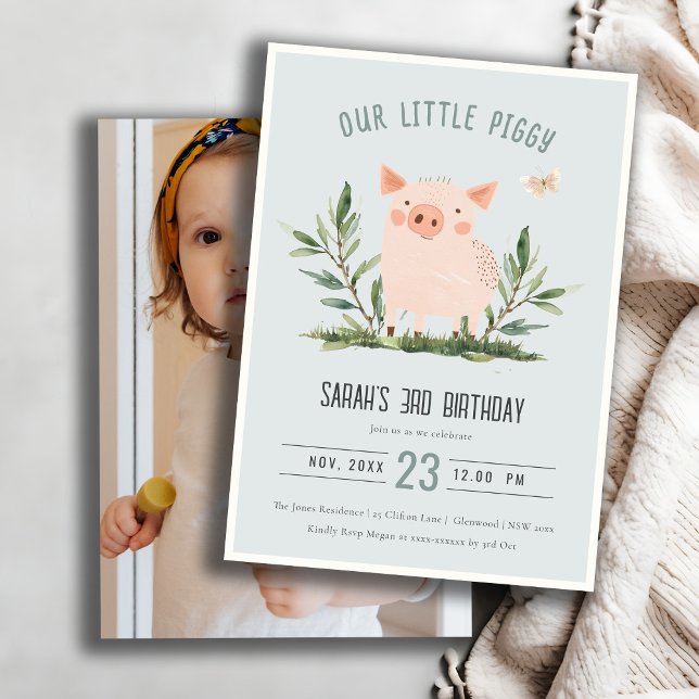 Invitación Cerdito azul lindo niños granja Cerdo foto cumplea (Subido por el creador)