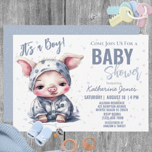 Invitación Cerdo Baby Shower Dusty Blue Boy Farm