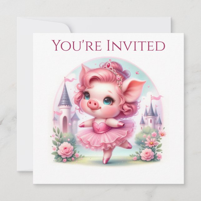 Invitación Cerdo Bailarina Bonita con Castillo (Anverso)
