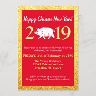 Invitación Cerdo de Año Nuevo Chino 2019 con Glam Red Gold Pu
