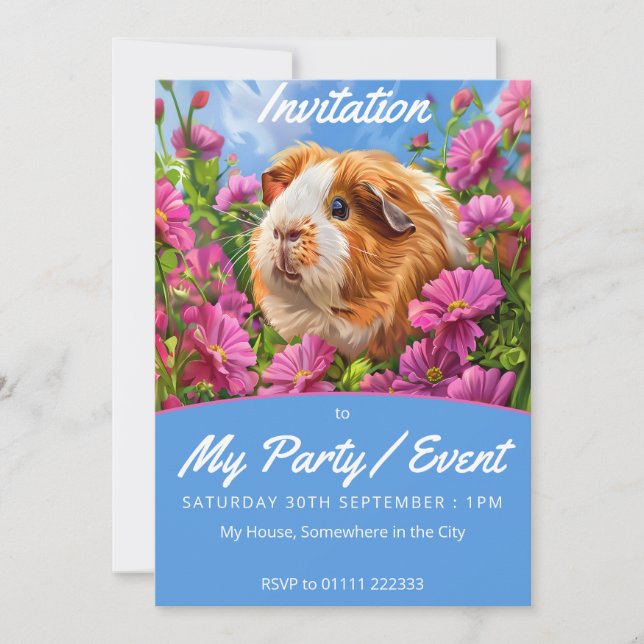 Invitación Cerdo guineano entre flores rosadas (Anverso)