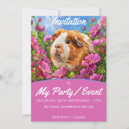 Invitación Cerdo guineano entre flores rosadas