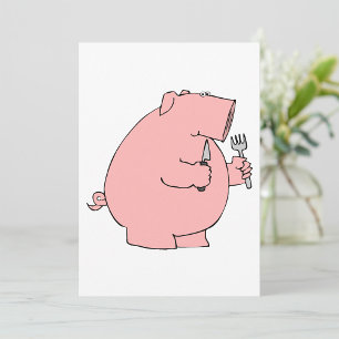 Invitación Cerdo Hambriento Divertido Sosteniendo Tenedor y C
