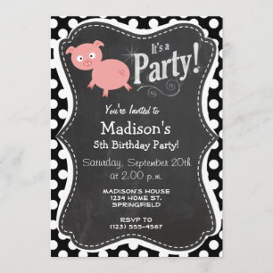 Invitación Cerdo lindo sobre puntos de polka negros y blancos