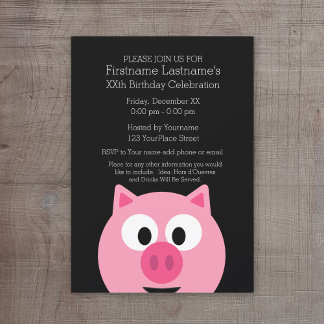 Invitación Cerdo Personalizado de granja - rosa y negro