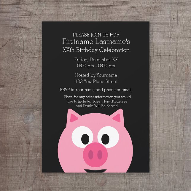 Invitación Cerdo Personalizado de granja - rosa y negro (Cute Birthday Party Invitation - cartoon pig)
