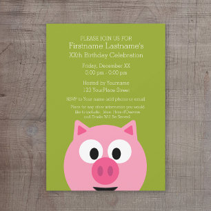 Invitación Cerdo Personalizado de granja - verde rosa y lima