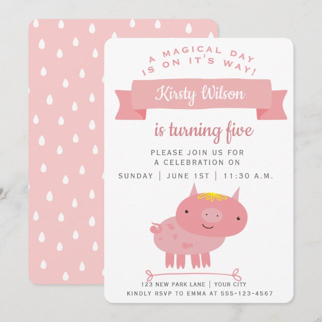 Invitación Cerdo rosado | Fiesta de cumpleaños para niños (Anverso / Reverso)
