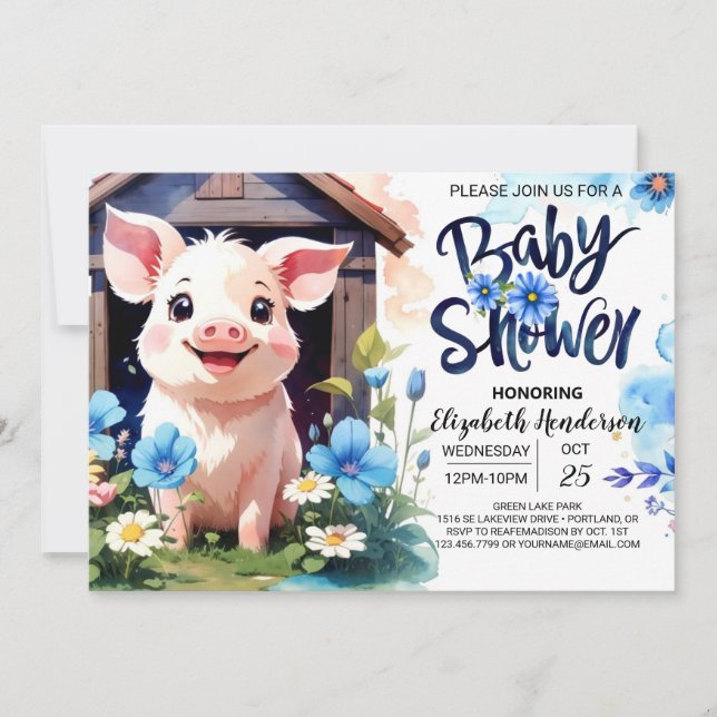 Invitación Cerdo y Flores Silvestres Baby Shower (Anverso)