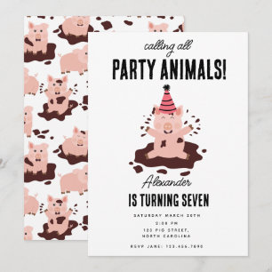 Invitación Cerdos Jugando en la Fiesta de Animales de Granja
