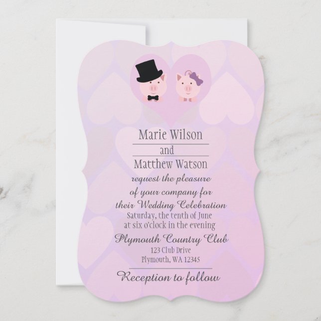 Invitación Cerdos rosados tuertos en Boda de amor (Anverso)